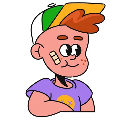 Cartoon boy in a cap with a plaster on his cheek, from Barev's vocabulary cards.
