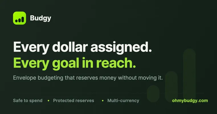 Budgy promo card with the headline “Every dollar assigned. Every goal in reach.” on a dark green background.