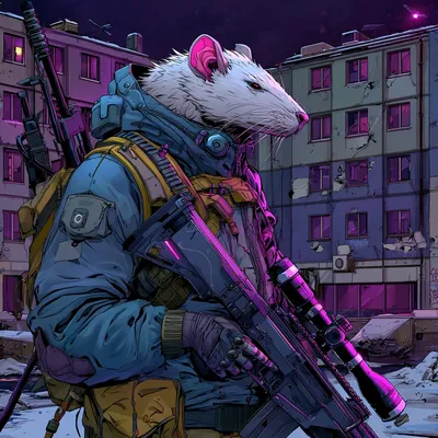 White rat soldier with a rifle in front of battered apartment blocks at night.