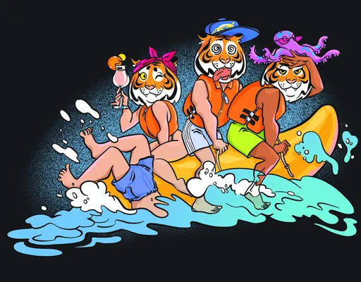 Four tigers on a banana boat in a splash of surf, one with a cocktail, one with an octopus on his head. Art by @anutkajpg.