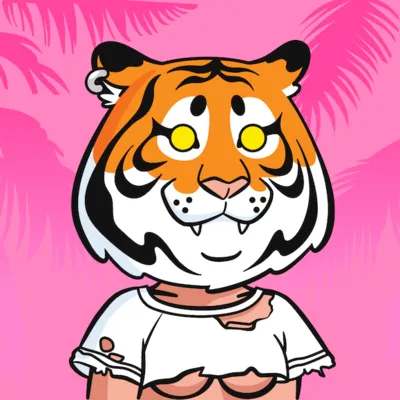 A carousel tiger: a portrait in a torn white T-shirt on a pink palm background. Art by @anutkajpg.
